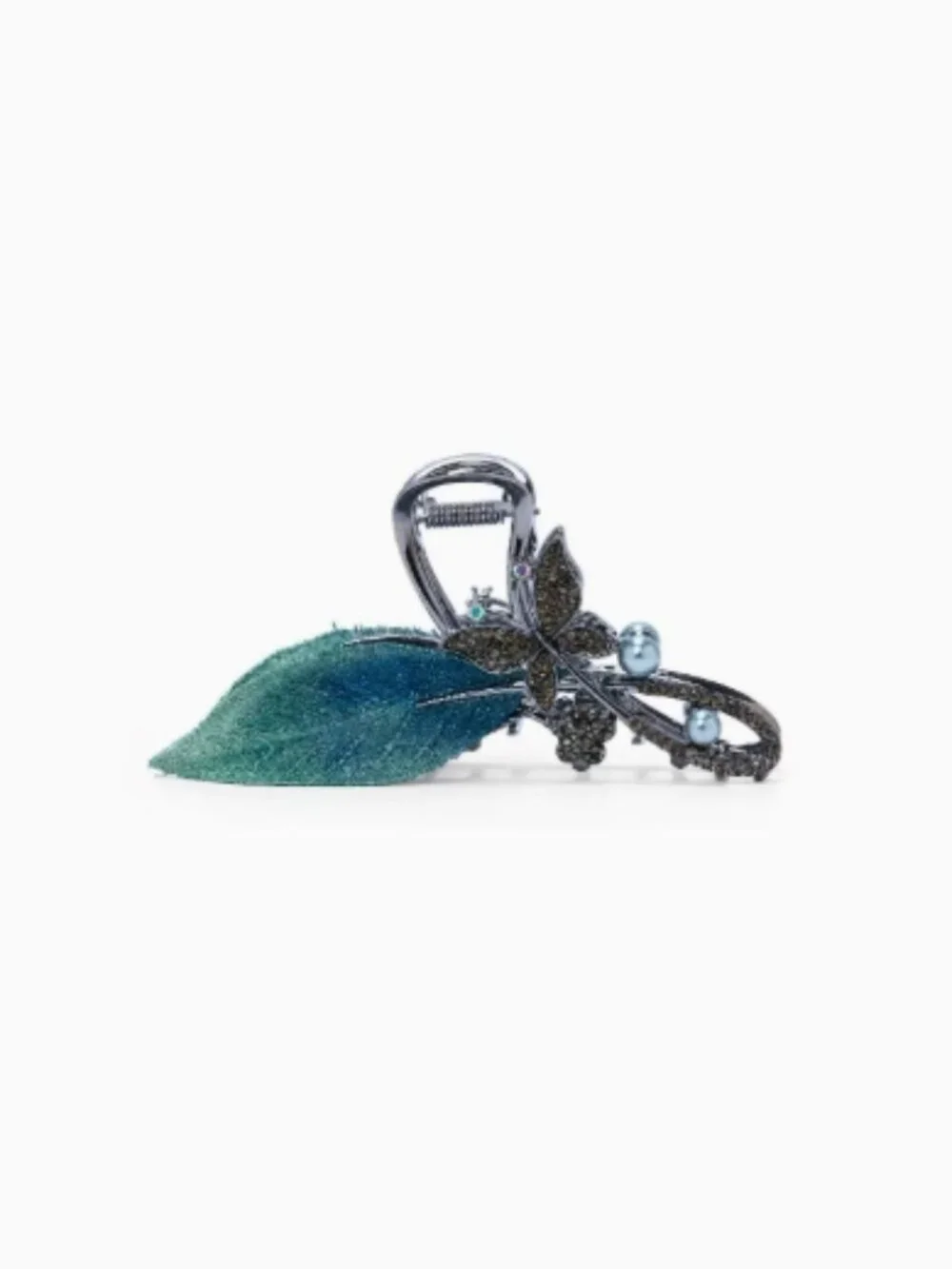 Gunmetal Tone Teal Fabric Leaf Pearl Rhinestone Butterfly Hair Claw Clip